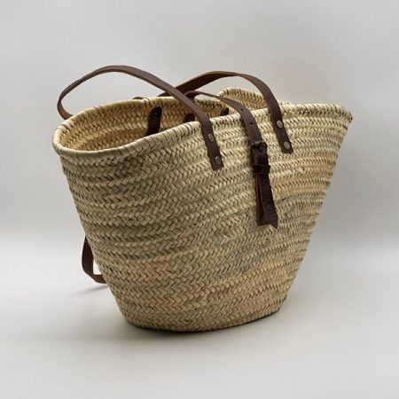 Χειροποίητη ψάθινη τσάντα με δερμάτινα λουριά και κούμπωμα